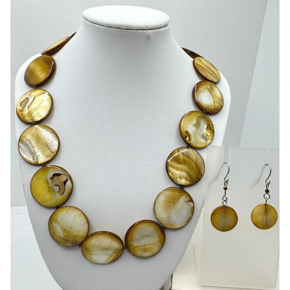 Golden Brown Shell Disc Statement Necklace & Matching Drop Earrings Jewelry Set